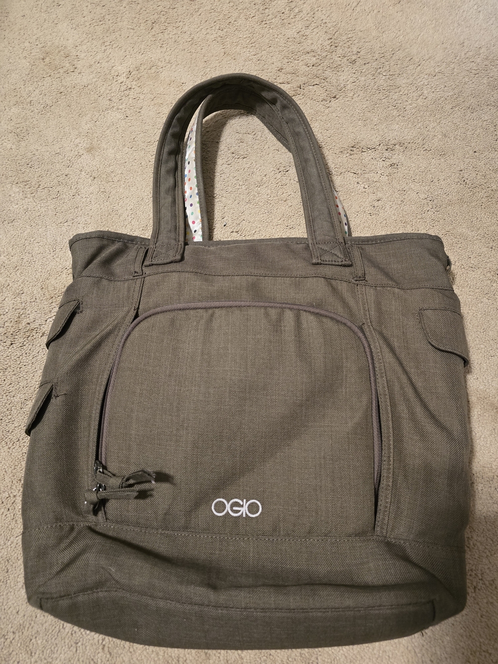Olive Canvas Green Laptop Tote Multicolor Polka Dot Interior By OGIO - Picture 3 of 11